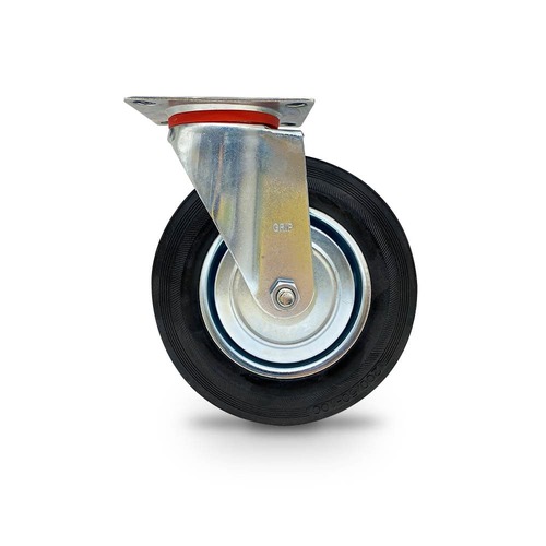 Grip 200Mm 185Kg Black Rubber Wheel Castor Swivel Plate