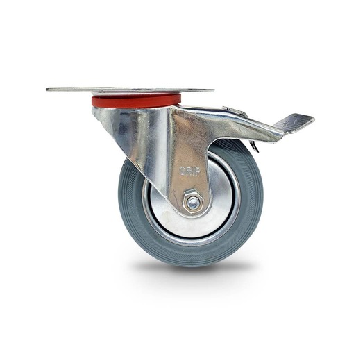 Grip 100Mm 70Kg Grey Rubber Wheel Castor Swivel Plate With Brake