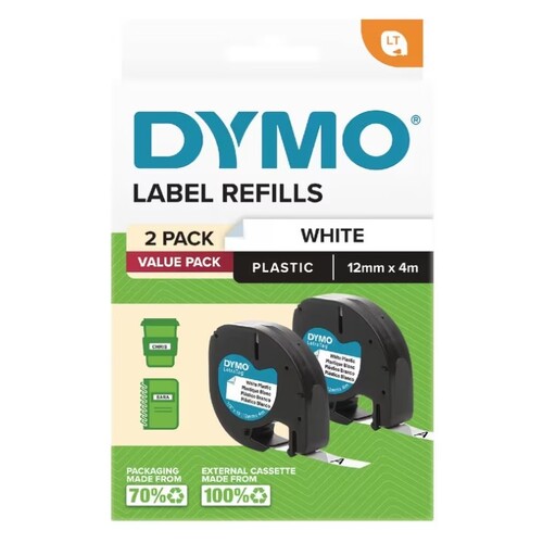DYMO Letratag Plastic Label Tape 12mm Black on White 2PK
