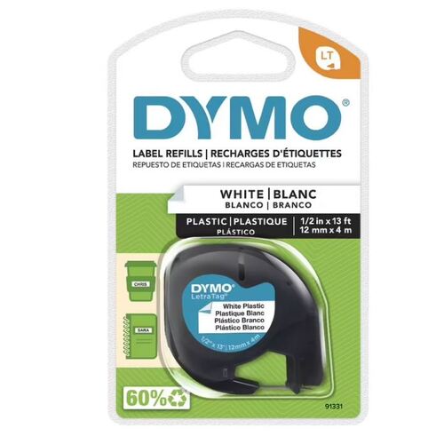 DYMO LetraTag Plastic Label Tape 12mm Black on White 2 Pack