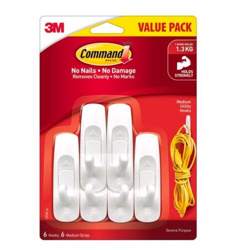 Command Medium White Adhesive Wall Hooks Value Pack - 6 Pack 17101-6