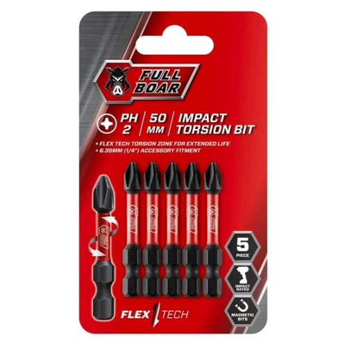 Full Boar PH2 x 50mm Impact Torsion Bit - 5 Pack - 0170518