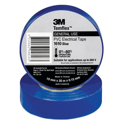 3M Temflex 1610 General Purpose Vinyl Electrical Tape - Blue - 19mm x 20m