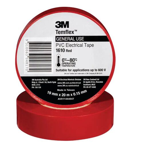3M Temflex AE010586731 1610 General Purpose Vinyl Electrical Tape - Red - 19mm x 20m