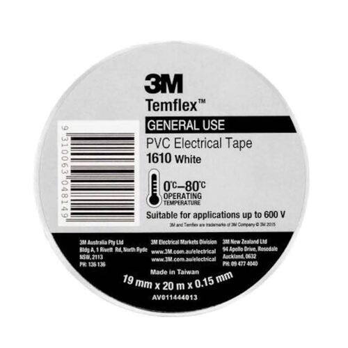 3M Temflex AE010586756 1610 General Purpose Vinyl Electrical Tape - White - 19mm x 20m
