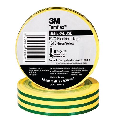 3M Temflex AE010586723 1610 General Purpose Vinyl Electrical Tape - Green/Yellow - 19mm x 20m