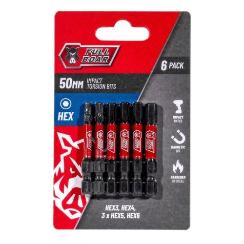 Full Boar HEX x 50mm Impact Torsion Bit Set FHXSET-506 - 6 Pack