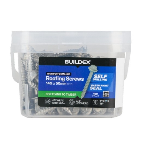 Buildex 14G x 50mm Class 3 Roofing Screws With Seal - 100 Pack - 0920242