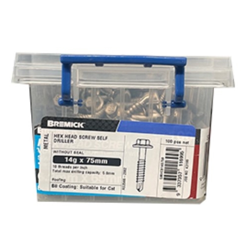 Hex Head Screw 14g x 75mm B8 Metal Screws Box of 100