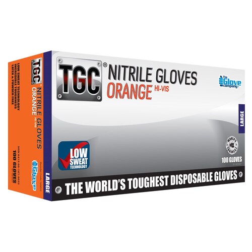 TGC Orange Nitrile Disposable Gloves Box of 100 Large Latex