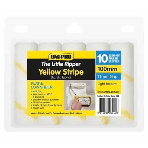 UNi-PRO 100mm Little Ripper Yellow Stripe Acrylic Roller Cover Refills 10 Pack 11mm Nap