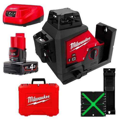Milwaukee 12V Kit M123Pla401C Laser Level 3 Plane (Green Beam) 4.0Ah (X1) W/ Carry Case Kit - 213611