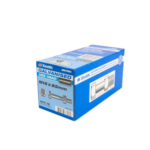 Zenith M16 x 65mm Hot Dipped Galvanised Hex Head Bolts And Nuts - 12 Pack
