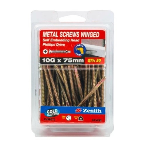 Zenith 10G x 75mm Gold Passivated Self Embedding Head Metal Screws Winged - 50 Pack