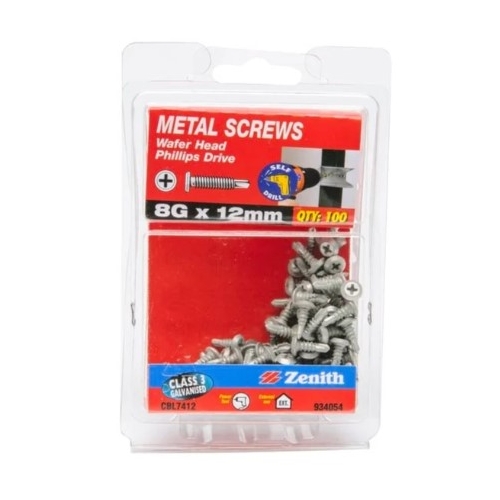 Zenith 8G x 12mm Galvanised Wafer Head Metal Screws - 100 Pack