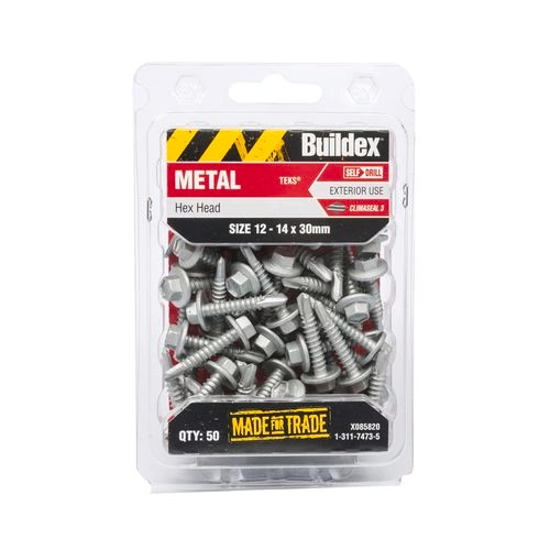 Buildex 12-14 x 30mm Climaseal Hex Head Metal Tek Screws 50 Pack
