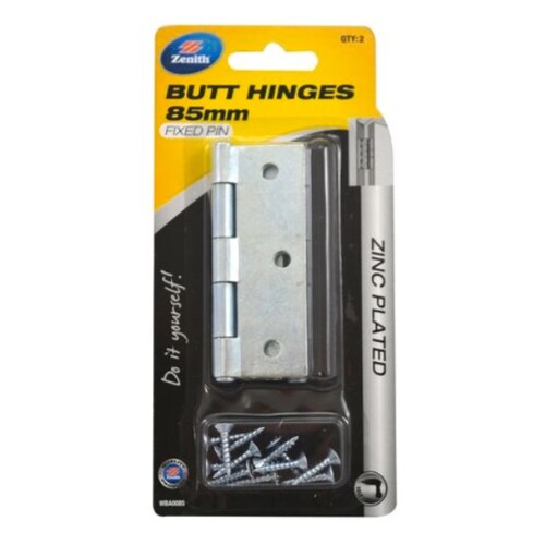 Lane 85 x 60 x 1.6mm Zinc Plated Fixed Pin Durasmooth Butt Hinge - 2 Pack