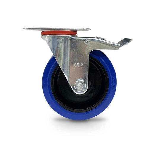 Grip 125Mm 150Kg Blue Elastic Rubber Wheel Castor Swivel Plate With Brake