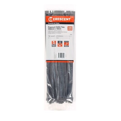 CRESCENT 450 x 7.6mm Black Cable Ties - 100 Pack