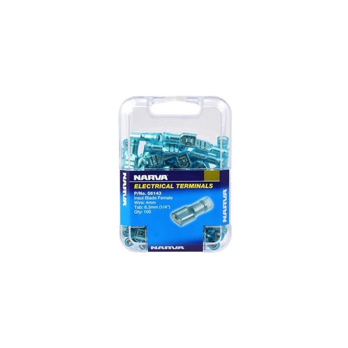 Narva Crimp Terminal Female Blade Blue Terminal Entry 6.3 x 0.8mm Polycarbonate 100 Pce