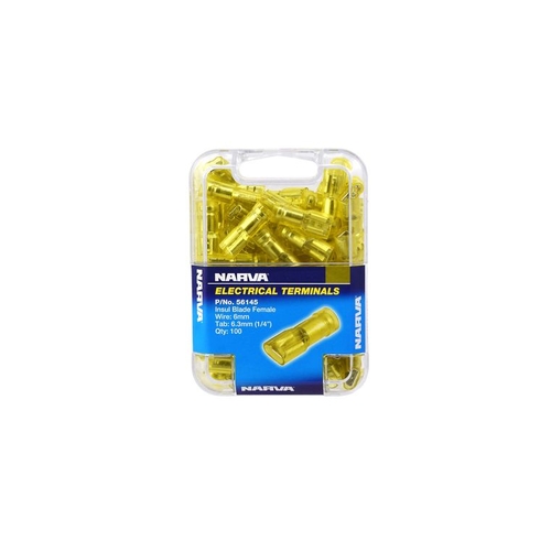 Narva Crimp Terminal Female Blade Yellow Terminal Entry 6.3 x 0.8mm Polycarbonate 100 Pce