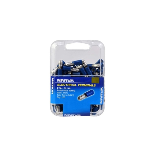 Narva Crimp Terminal Male Bullet Blue Terminal Entry 4mm Vinyl 100 Pce