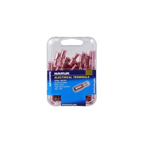 Narva Crimp Terminal Female Bullet Red Terminal Entry 4mm Polycarbonate 100 Pce