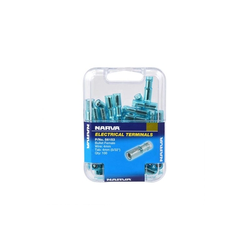Narva Crimp Terminal Female Bullet Blue Terminal Entry 4mm Polycarbonate 100 Pce