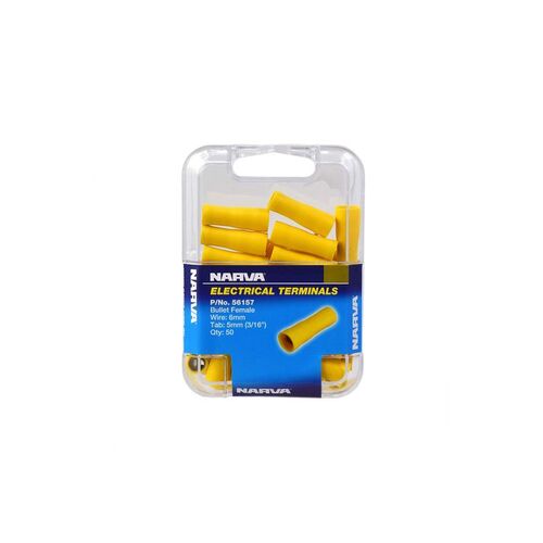 Narva Crimp Terminal Female Bullet Yellow Terminal Entry 5mm Vinyl 50 Pce