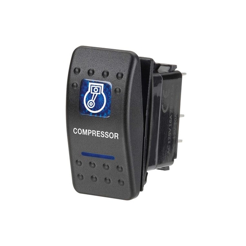 12 Volt Illuminated Off/On Sealed Rocker Switch with "Compressor" Symbol (Blue)