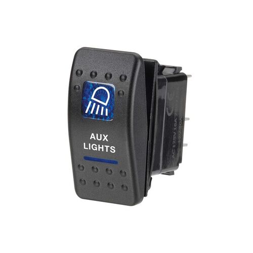 12 Volt Illuminated Off/On Sealed Rocker Switch with "Aux Lights" Symbol (Blue)