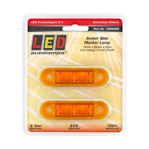 Amber Led Side Marker Lamp 12/24V 2 Leds 3Mm Low Profile BL Pk 2