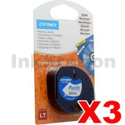 3 x Dymo 91201 / 91331 Genuine 12mm x 4m Black on White LetraTag Label Plastic Tape - 91201