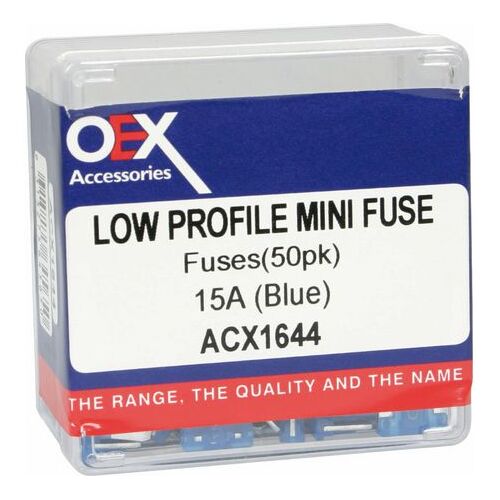 OEX Low Profile Mini Blade Fuse, 15A Blue - Pack of 50