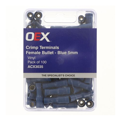 Crimp Terminal Female Bullet Blue Terminal Size 5mm Vinyl 100 Pce