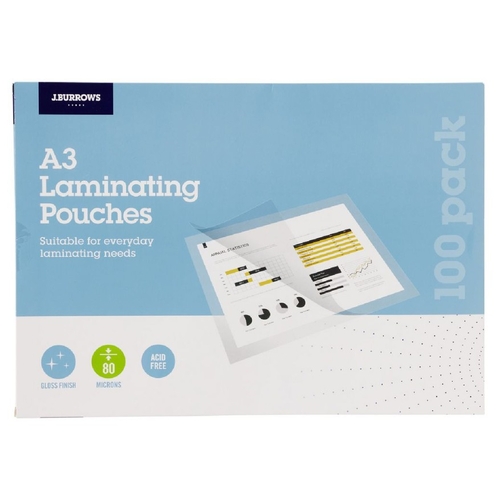 J.Burrows A3 Laminating Pouches 80 Micron 100 Pack Gloss - CCBL80MA3