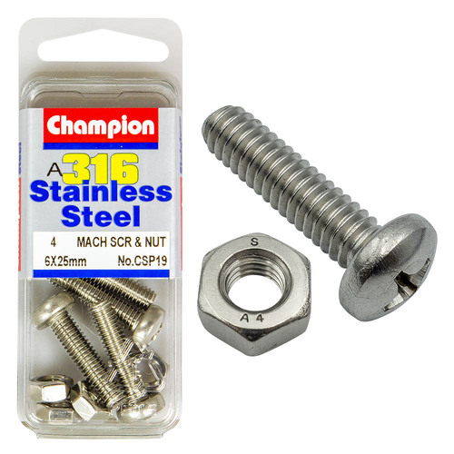 Machine Screws & Nuts-Pan-Phillips-Stainless Steel-M6X25Mm & M6X1.00Mm-316/A4