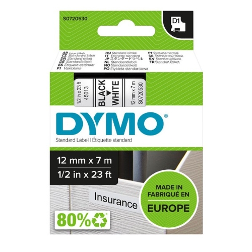 DYMO D1 Label Tape 12mm x 7m Black on White - ES345013