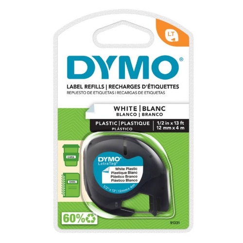 DYMO LetraTag Plastic Label Tape 12mm Black on White - ES91201