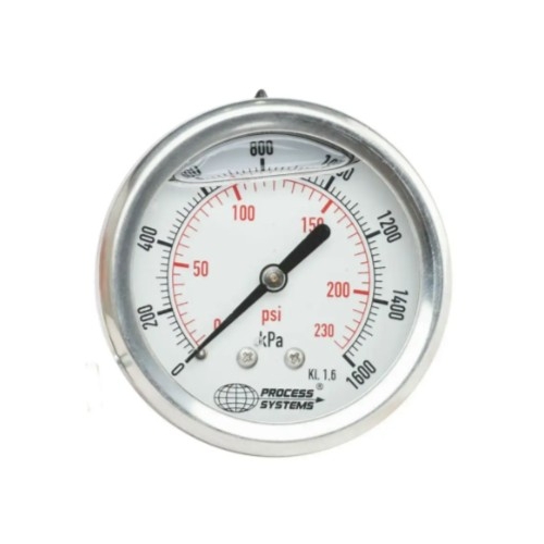 63mm SS liquid filled 1/4" BSPT rear entry 0-100 kp - 63mm 304 Stainless Steel Case, brass internals and entry. Liquid Filled.Crimped - GAU63R-100