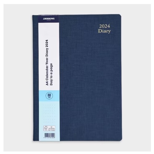 J.Burrows A4 Day to Page 2024 Hardcover Textured Diary Navy