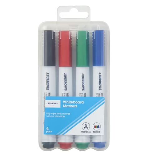 J.Burrows Whiteboard Markers Bullet Assorted 4 Pack