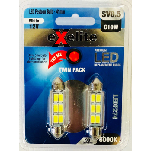 Festoon 12v 10w SV8.5 T11 6000K (2PK)