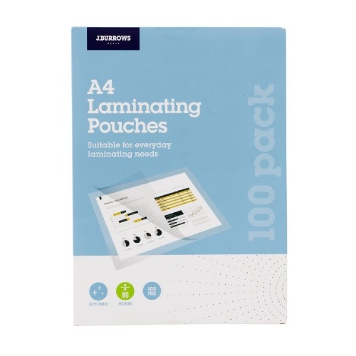 J.Burrows A4 Laminating Pouches Gloss 100 Pack - PEBL80MA4