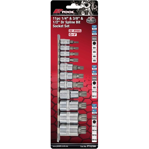 11pc 1/4”, 3/8” & 1/2” Dr Spline Bit Socket Set - PT12104