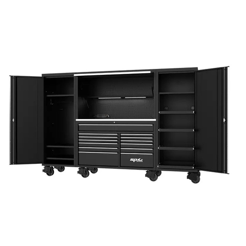 114" USA Sumo Series Workstation - Roller Cabinet, Top Hutch & 2x Side Cabinets - Black/Chrome