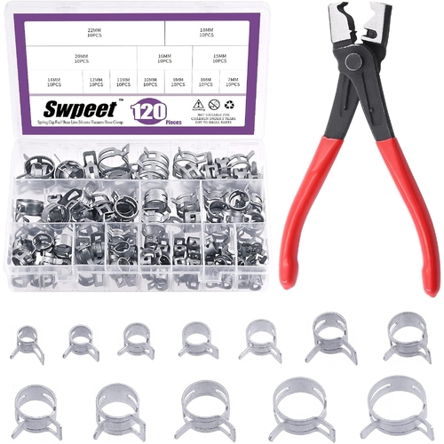 Swpeet 121Pcs 7-22mm Dacromet Spring Band Hose Clamps with CV Boot Hose Clip Pliers Assortment Kit - SWPEET121