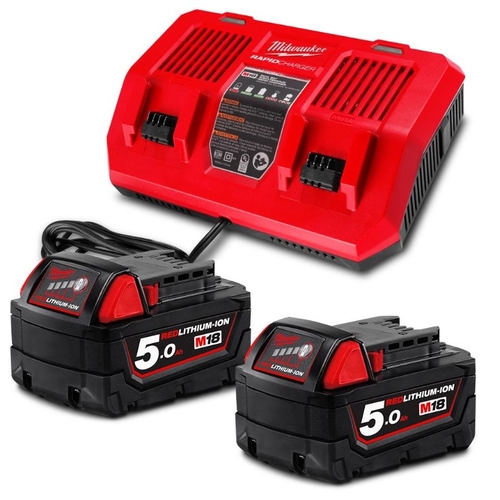 Milwaukee M18SPD502B 18V 5.0Ah Li-ion Cordless RED LITHIUM Batteries M18B5 & Dual Bay Rapid Charger M18DFC