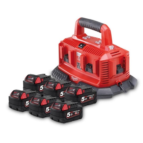 Milwaukee M18SP506B 18V Li-Ion 6 Bay Battery Sequential Charger with 6 x M18B5 18V 5.0Ah Li-Ion RED LITHIUM Batteries Starter Pack