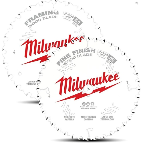Milwaukee 48418732 2pce 184mm (7-1/4") 24-Tooth Framing & 40-Tooth Fine Finish Wood Circular Saw Blades Set - W199655